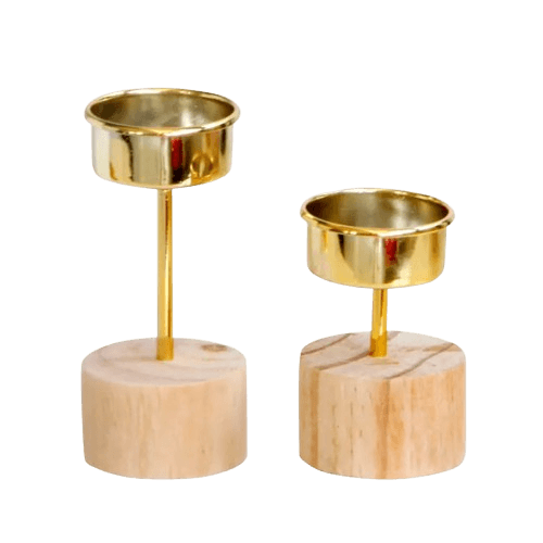 BRASS & WOOD T-LIGHT HOLDER (NATURAL)